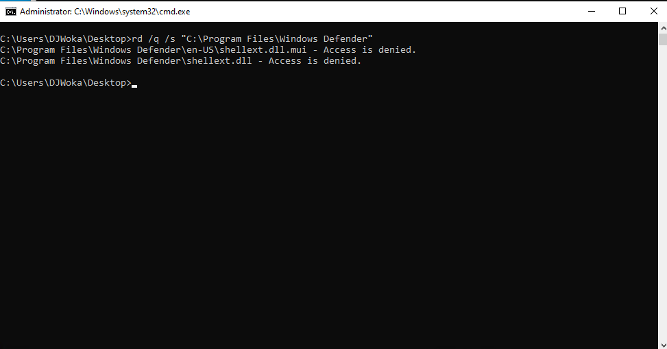 Successful deletion of Windows Defender directory