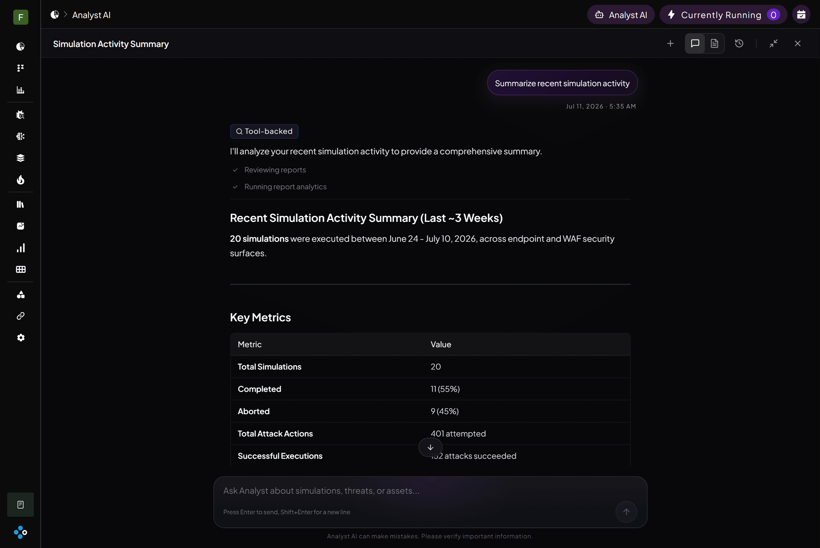 FourCore Analyst AI summarizing recent simulation activity across the ATTACK platform