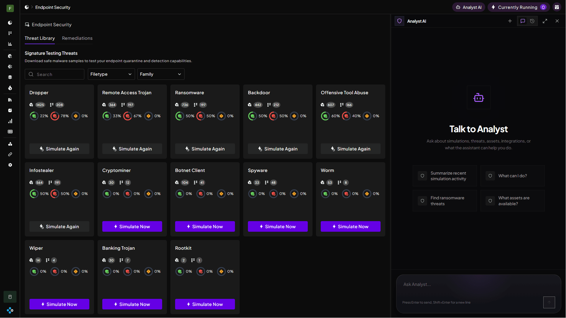 FourCore ATTACK dashboard showing a threat library and simulated security control outcomes