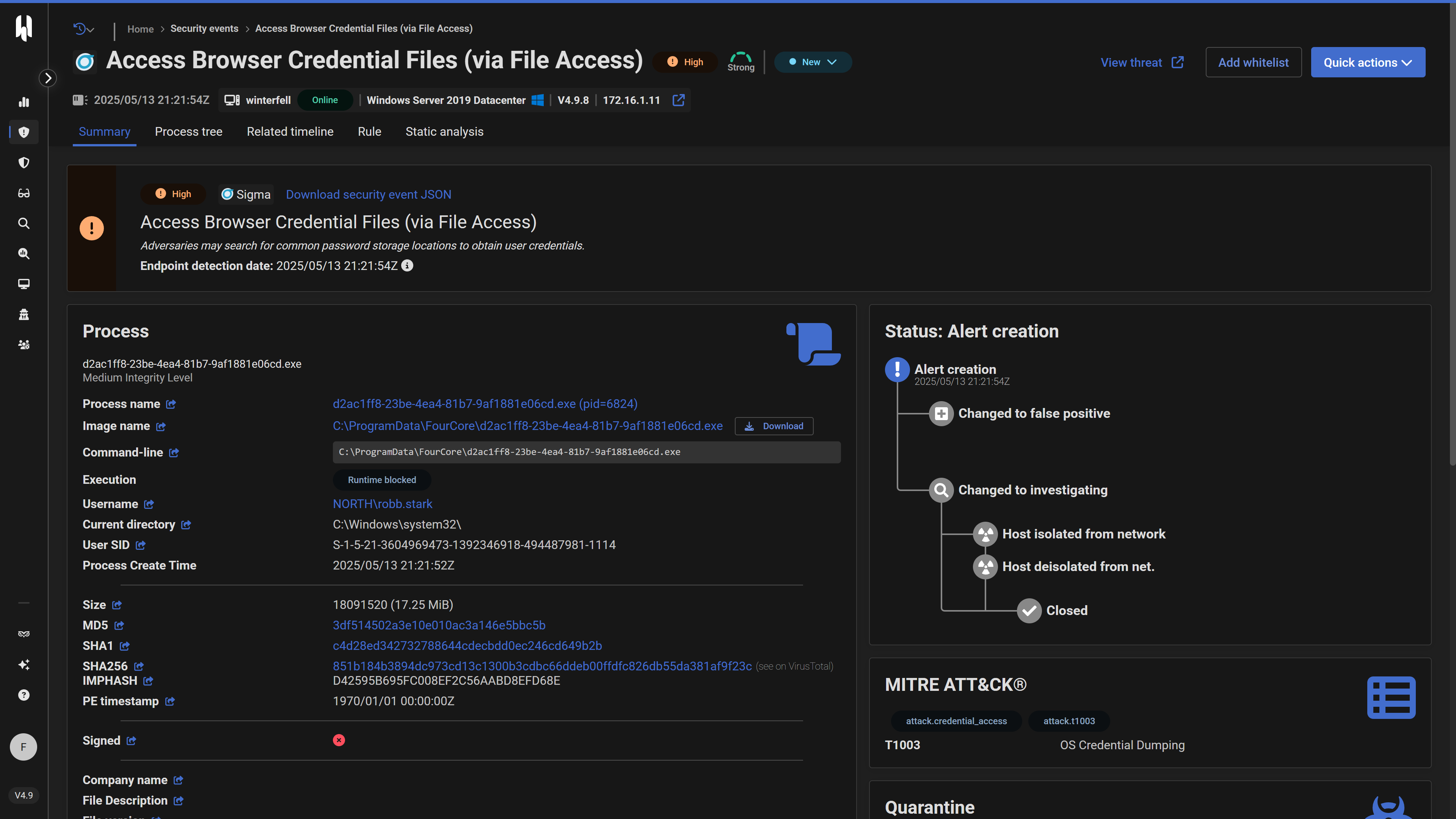HarfangLab EDR - Alert Page showing detections from the emulation