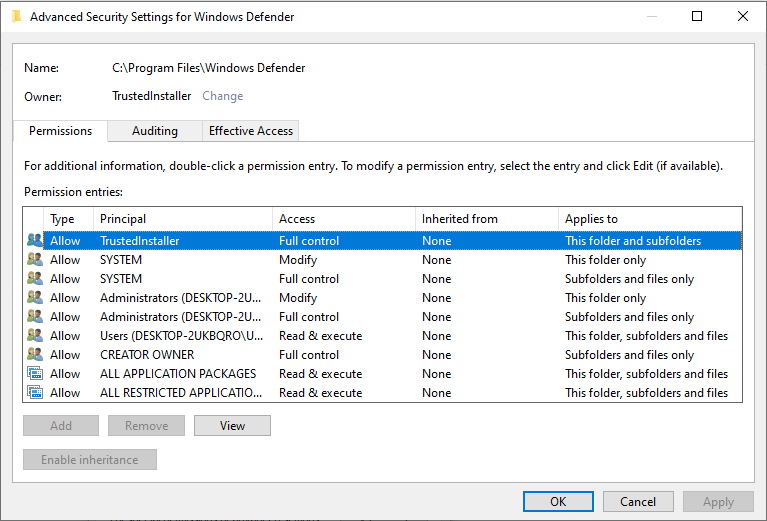 TrustedInstaller ownership on Windows Defender Directory